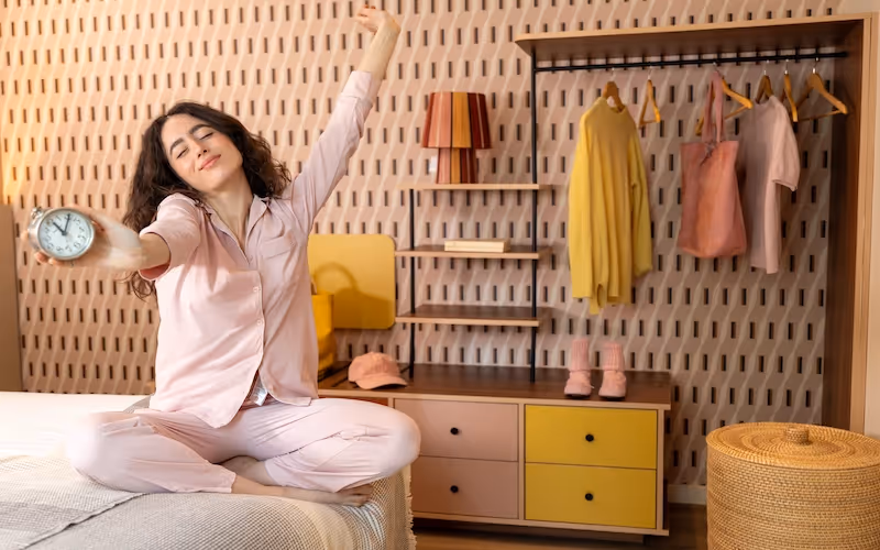 Femme qui se réveille doucement dans sa chambre à Yuna Montmartre.