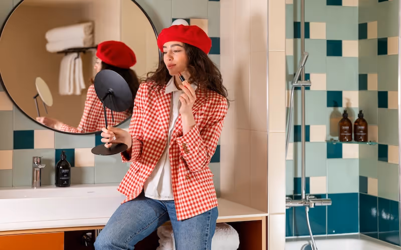 	Femme se préparant dans la salle de bain élégante de Yuna Montmartre.