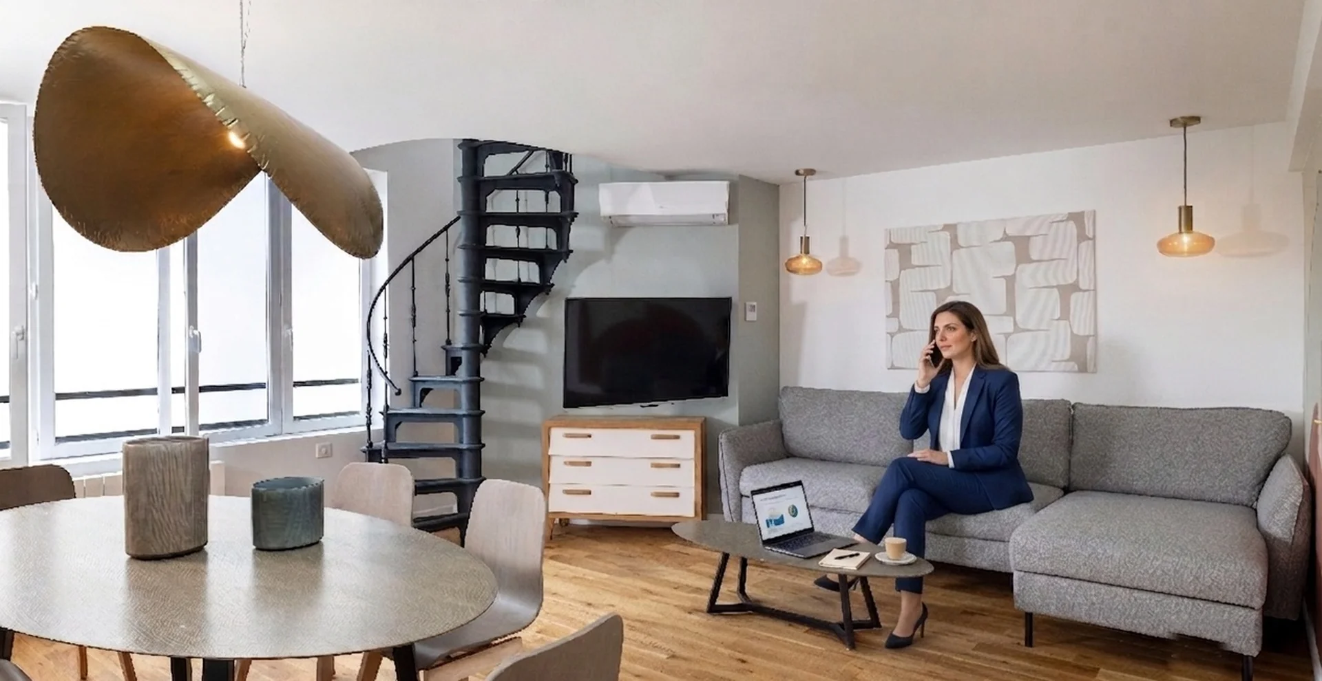Salon spacieux et lumineux d'un appart'hôtel Yuna, idéal pour s'installer ou télétravailler à Paris à la rentrée