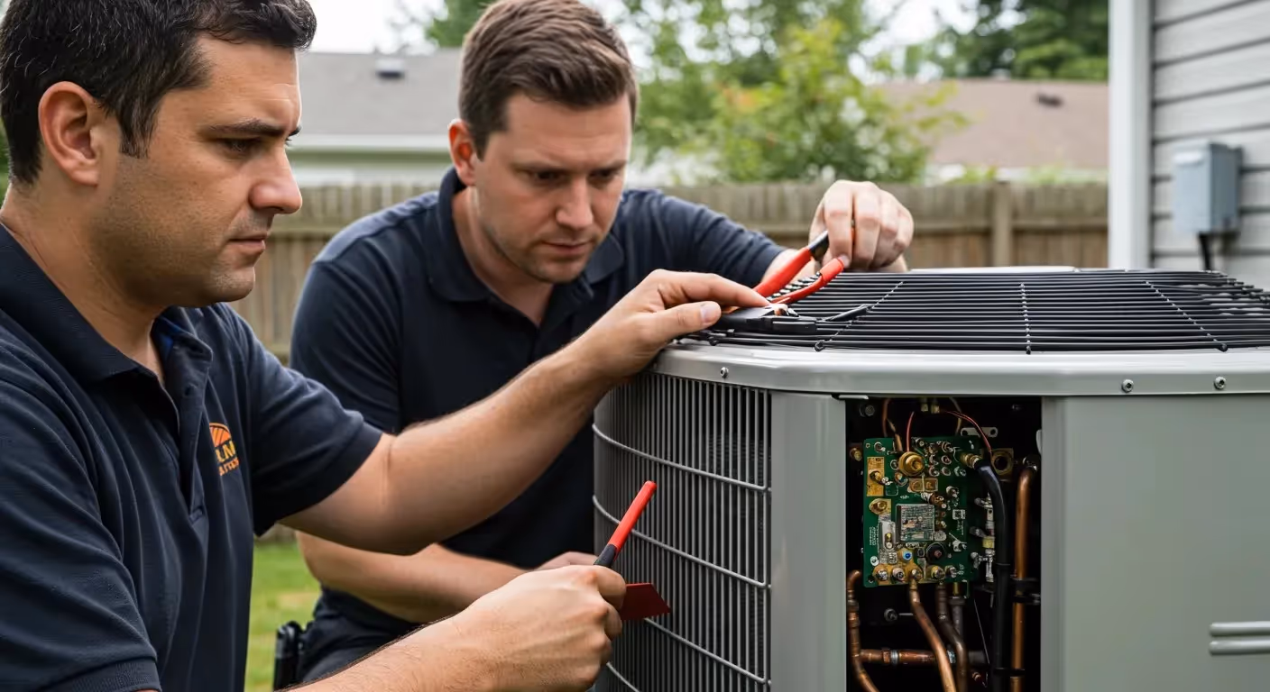 People working with heat pump unit