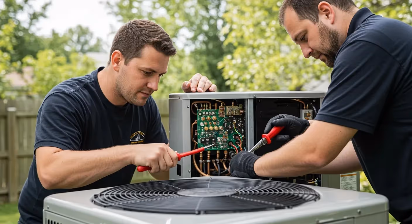 People working with heat pump unit