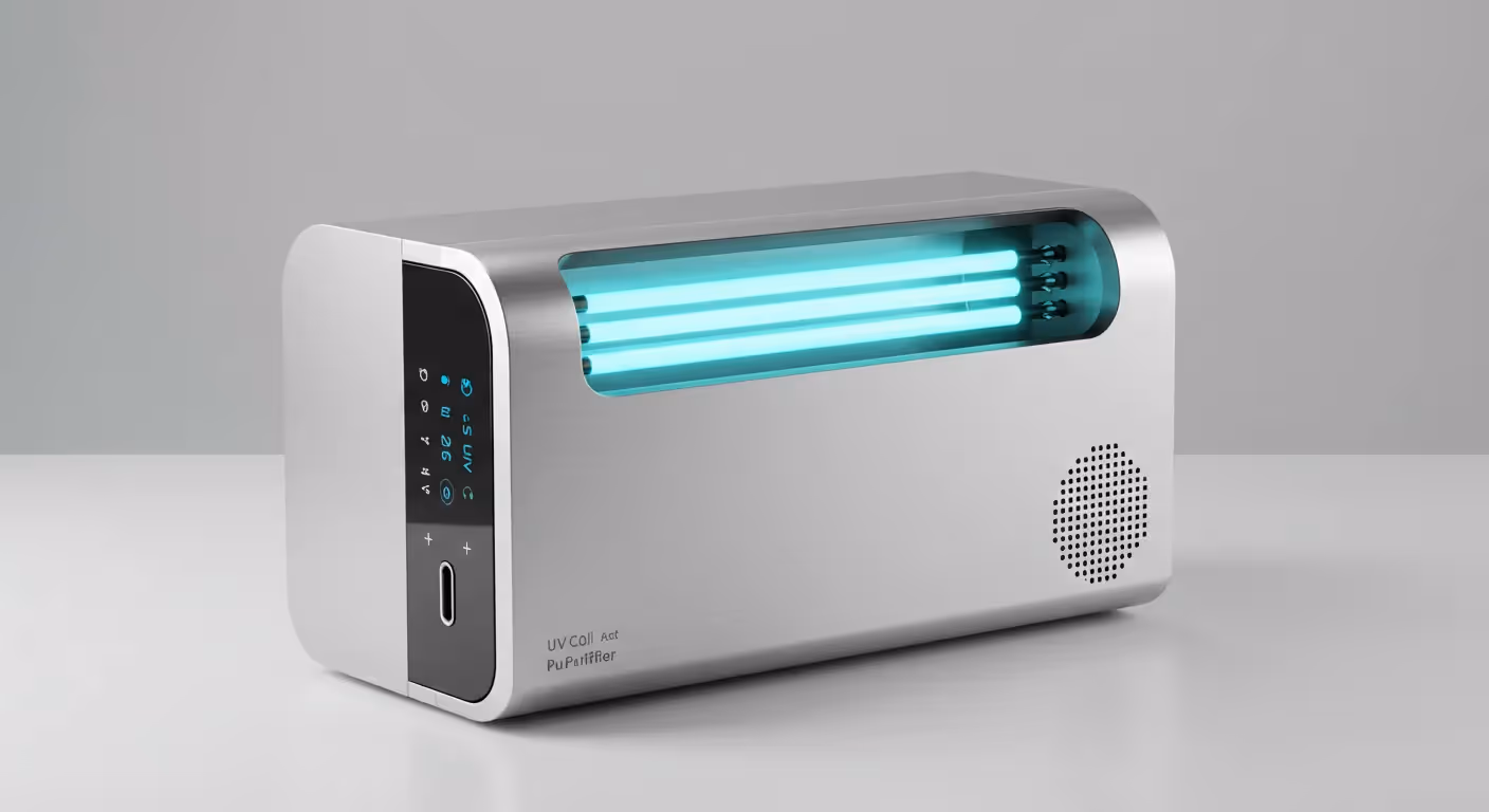 Sleek UV light air purifier with digital controls, glowing UV-C tubes, and vented side panel labeled 'UV Cell Act PuPurifier