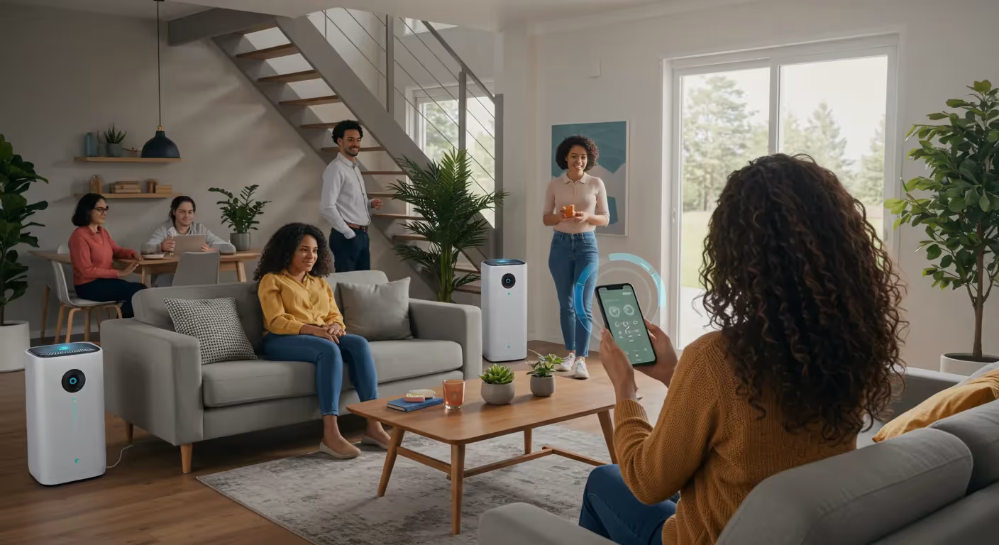 Modern living room with five people, two air purifiers, natural light, and one person using a tablet to control devices