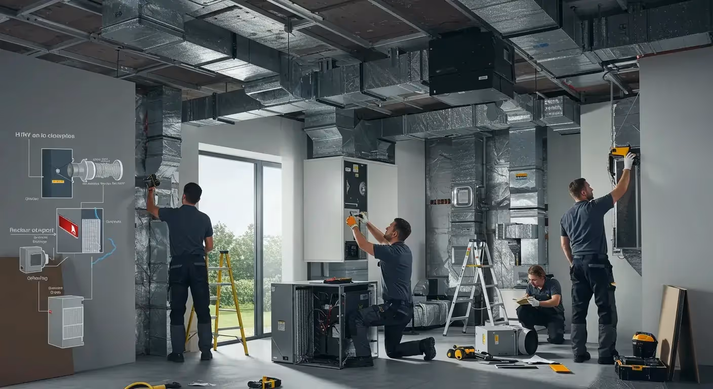 Technicians installing HVAC system with exposed ductwork, tools, ladders, and partial system diagram in background