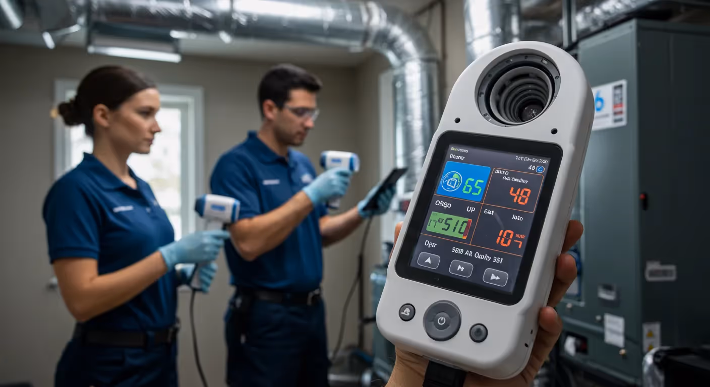 Two people using air quality measuring devices in HVAC room; foreground shows handheld monitor with temperature, humidity, CO2, and VOC readings