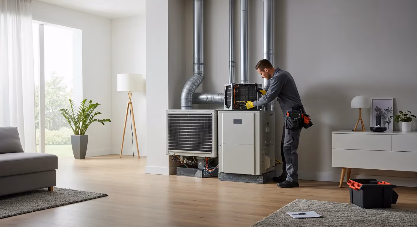 A technician in gray working on an HVAC system in a bright, modern living room with a sofa, plant, and minimalist decor.