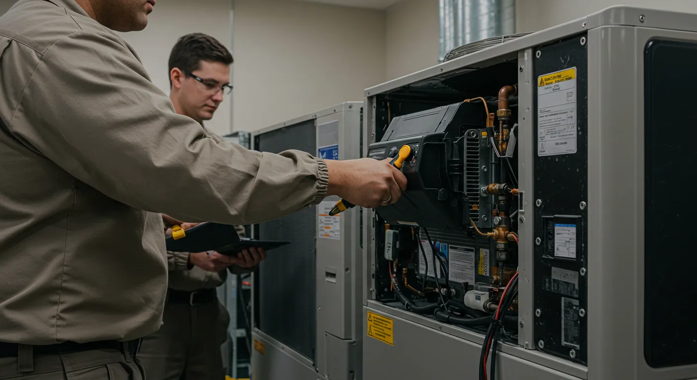 A technician inspects a complex air conditioning unit, using tools to check components while another person observes nearby.
