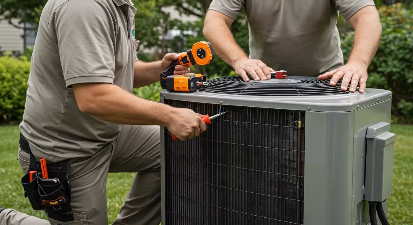 Two technicians in khaki shirts repair an outdoor air conditioning unit using tools and equipment in a green garden setting.