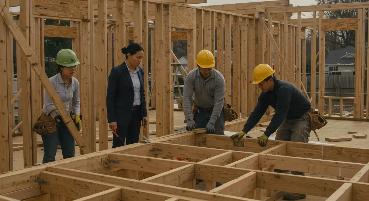 A construction site with wooden framing, where workers in hard hats collaborate on building a structure. Tools and safety gear are visible.