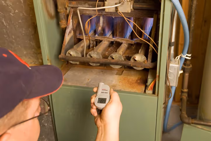 Person holding digital thermometer reading 48.9°F in front of open furnace with visible blue flames