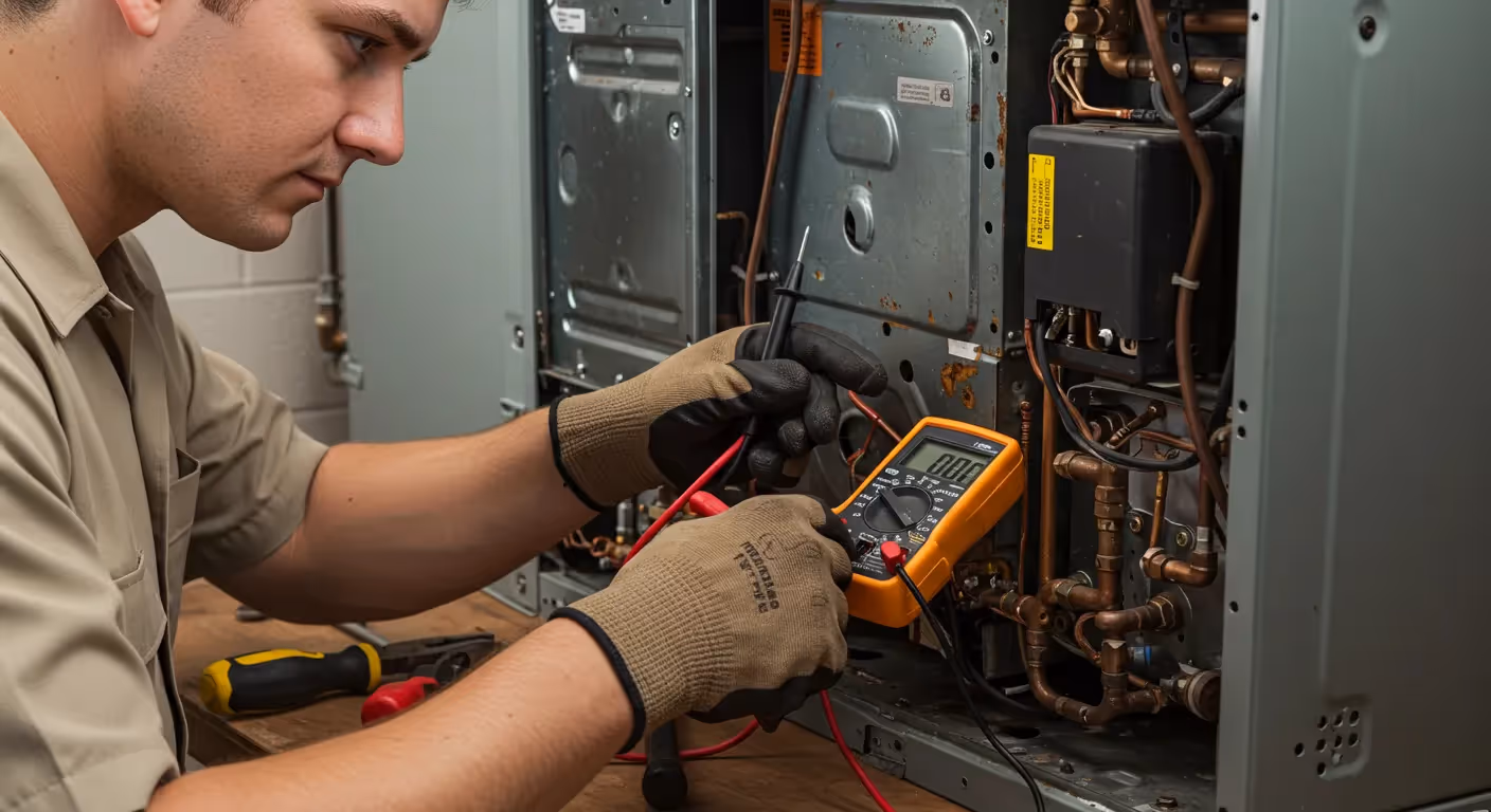 Person using digital multimeter to test HVAC system components, with tools like screwdrivers nearby