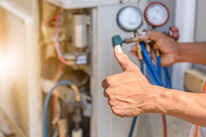 Person holding HVAC gauges connected to AC unit, giving thumbs-up gesture