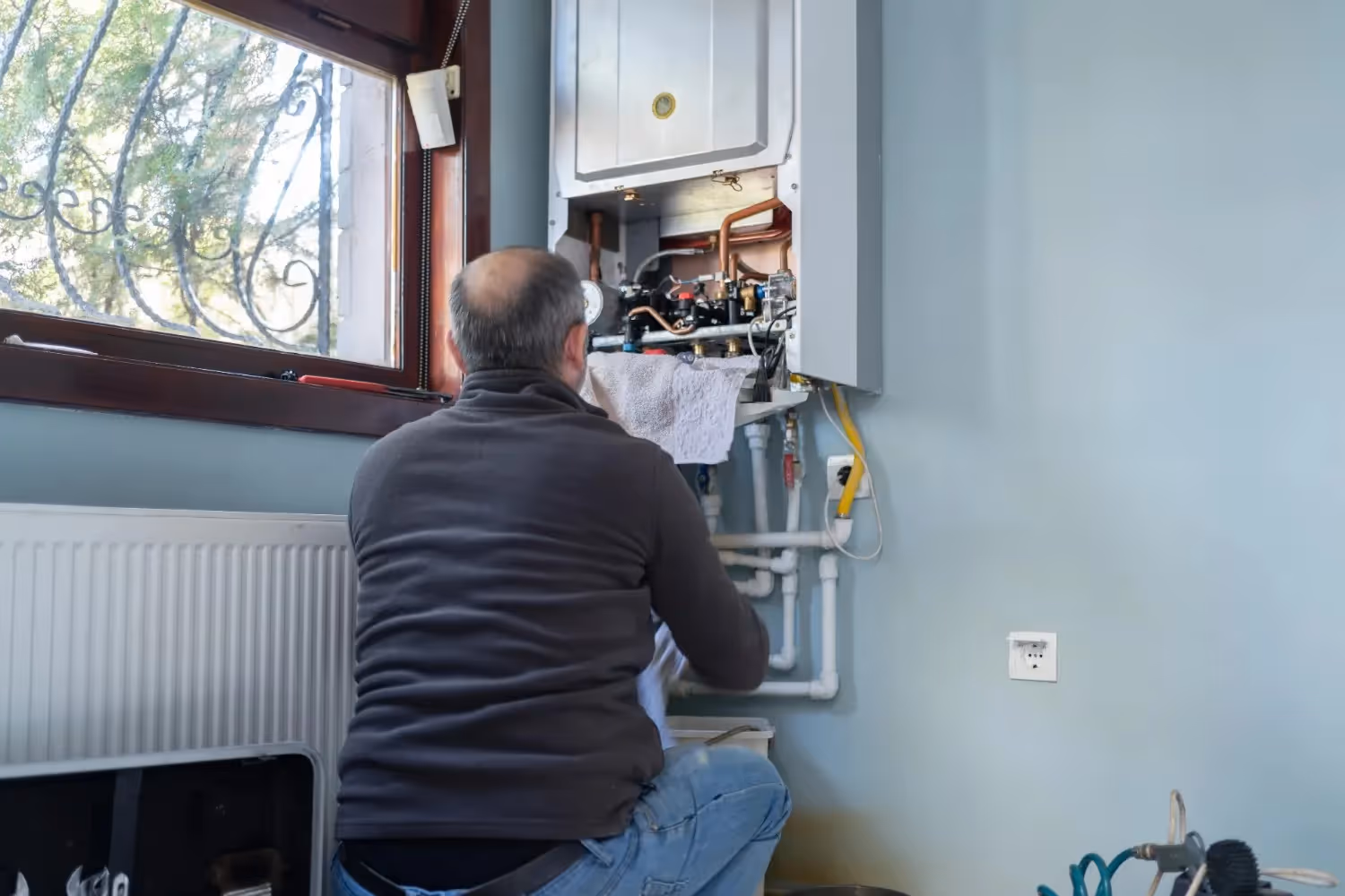 Person performing maintenance on wall-mounted boiler system near window with radiator and tools