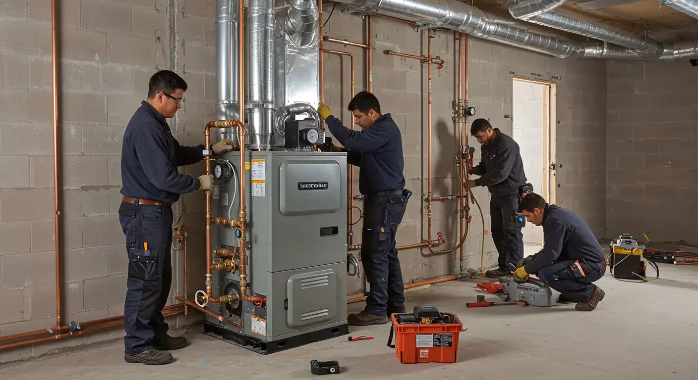 Team of technicians installing or maintaining furnace system in basement with pipes and ducts