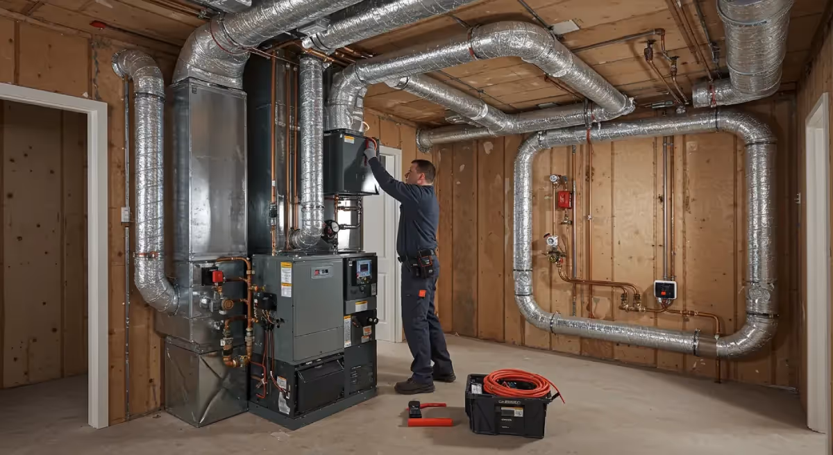 Technician servicing HVAC system in basement with metal ducts and tools nearby