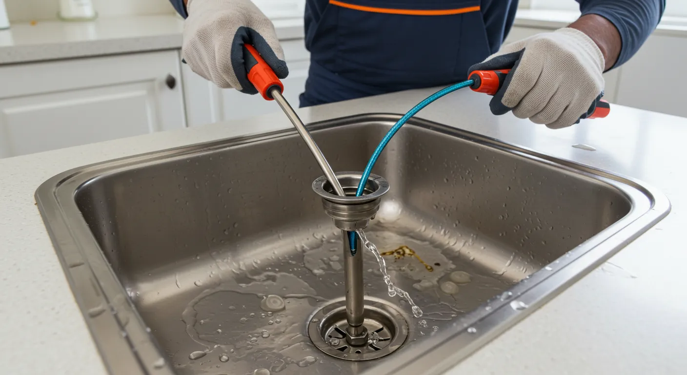 A person wearing white gloves is using two drain cleaning tools to clear a clog from a kitchen sink drain.