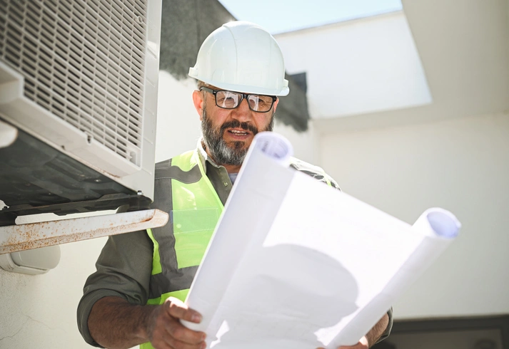 A construction worker in a hard hat and reflective vest examines blueprints outdoors, standing next to an air conditioning unit, appearing focused.