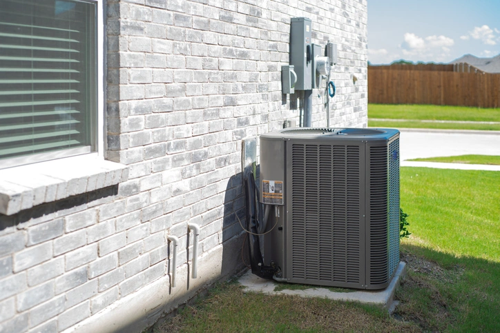 Outdoor air conditioning unit beside a brick house, surrounded by green grass.