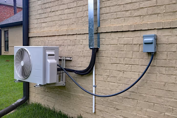Outdoor air conditioning unit mounted on a beige brick wall with cables running into a metal conduit
