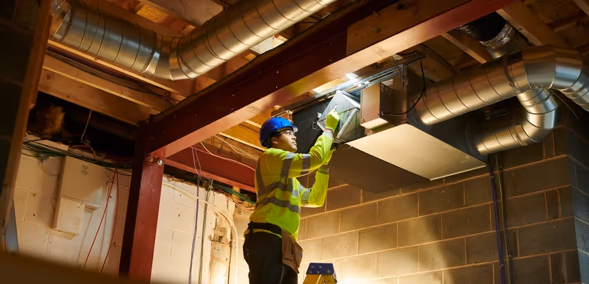 A worker in a neon safety jacket and blue helmet examines ductwork in a dimly lit industrial space.