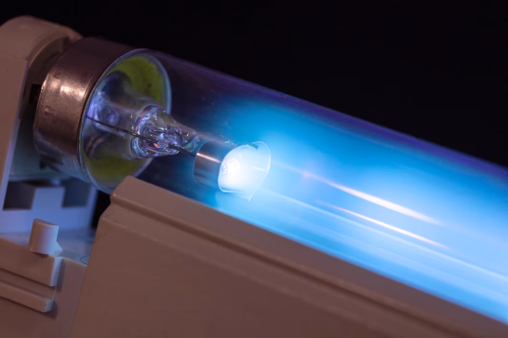 Close-up of a glowing blue UV light bulb in a transparent tube
