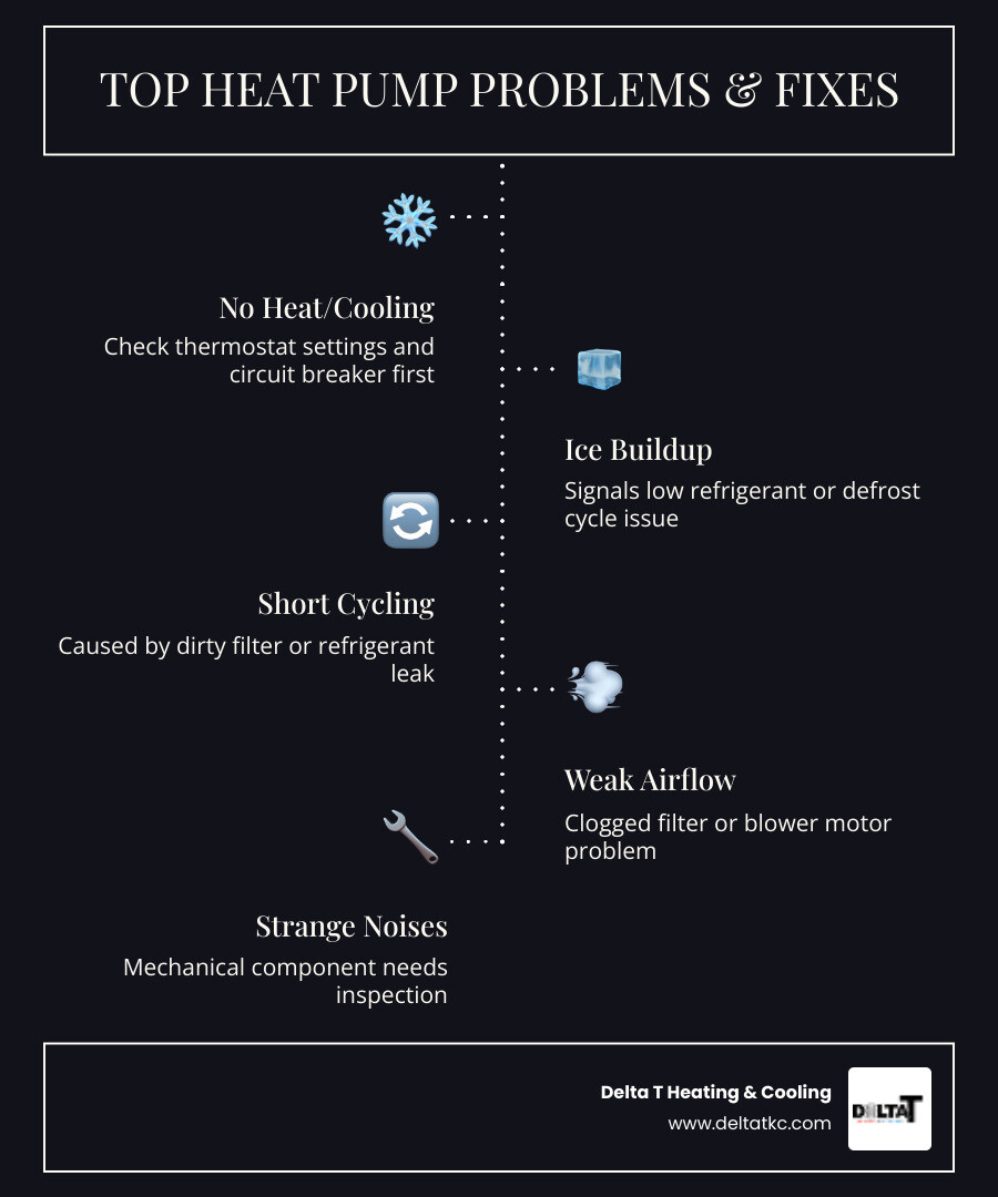 Infographic showing top heat pump problems in Basehor KS and their quick fixes - heat pump repair in basehor, ks infographic