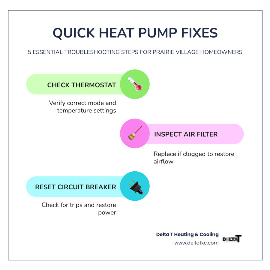 Infographic showing common heat pump problems and quick fixes for Prairie Village homeowners - heat pump repair in prairie Infographic showing common heat pump problems and quick fixes for Prairie Village homeowners - heat pump repair in prairie