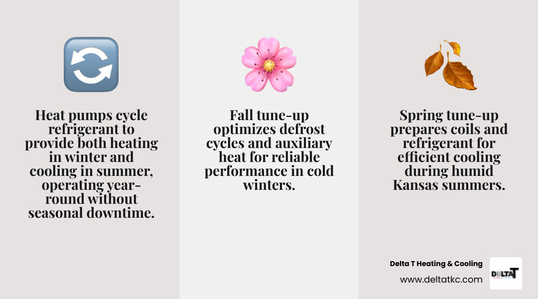 Infographic showing the year-round heat pump heating and cooling cycle with seasonal maintenance checkpoints - preventive