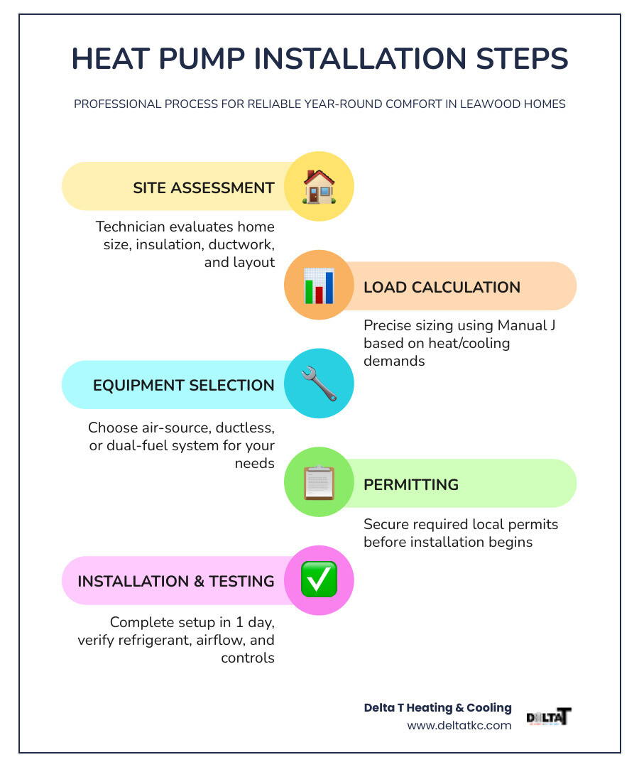 Infographic showing heat pump installation steps: assessment, load calc, equipment selection, permits, install Infographic showing heat pump installation steps: assessment, load calc, equipment selection, permits, install