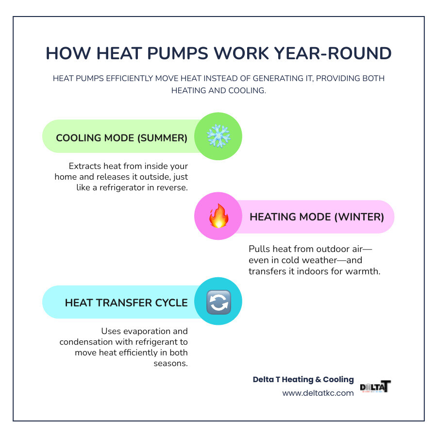 Infographic showing how a heat pump moves heat out of home in summer and into home in winter seasons - heat pump Infographic showing how a heat pump moves heat out of home in summer and into home in winter seasons - heat pump