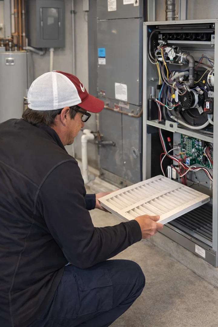 A side-by-side comparison of a brand new white air filter and a grey, dust-clogged air filter - hvac maintenance tips for