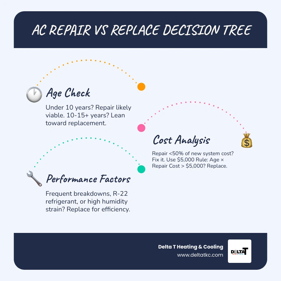 AC repair vs replacement decision tree infographic for Kansas City homeowners with age, reliability, and efficiency factors AC repair vs replacement decision tree infographic for Kansas City homeowners with age, reliability, and efficiency factors