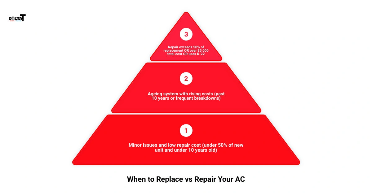 Infographic showing AC repair vs replace decision flow based on age, cost rules, and red flags infographic