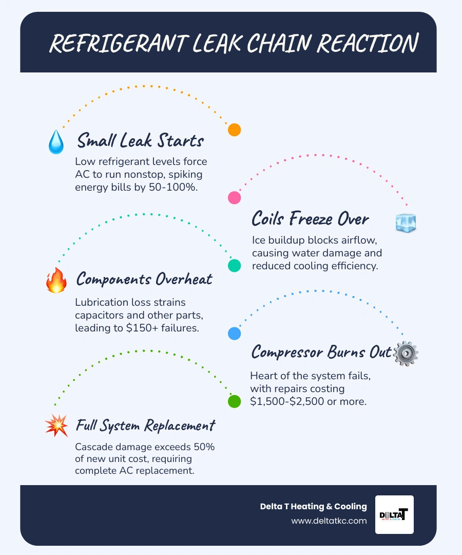 Refrigerant leak chain reaction infographic: small leak to compressor failure to system replacement infographic