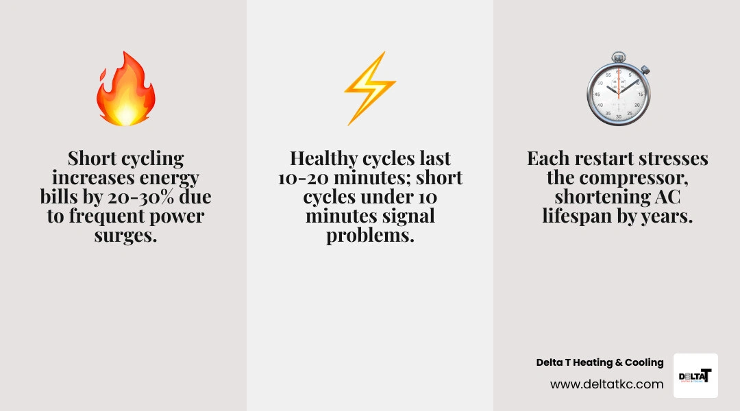 Infographic comparing a healthy 15-minute AC cycle vs. a 5-minute short cycle with labeled causes infographic