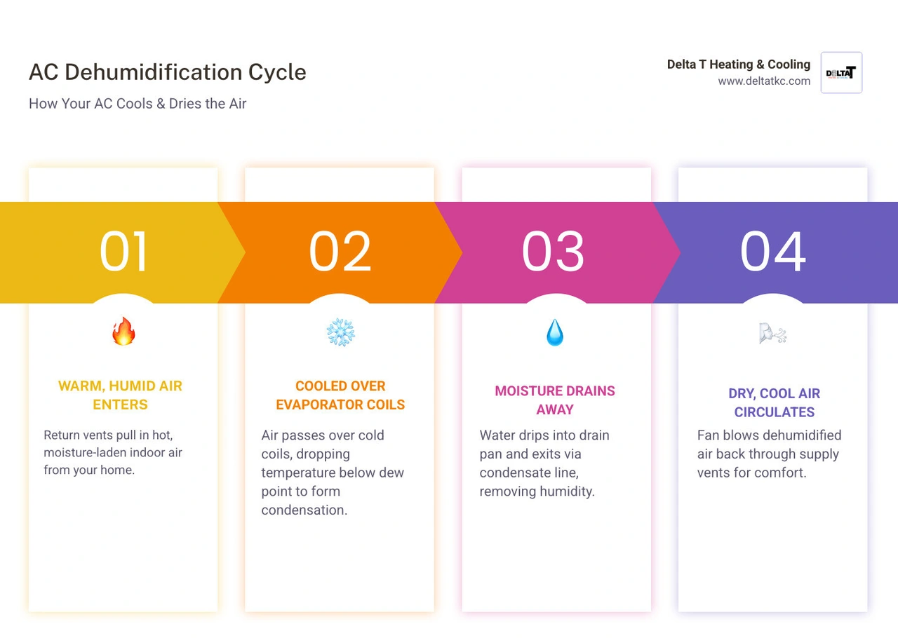 Infographic showing AC dehumidification cycle causes of high indoor humidity and quick checks for homeowners infographic Infographic showing AC dehumidification cycle causes of high indoor humidity and quick checks for homeowners infographic