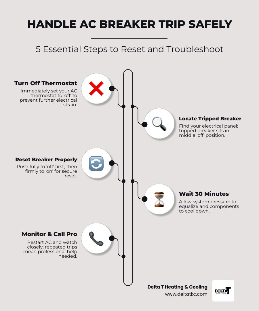 Infographic showing 5 steps to handle an AC circuit breaker trip, from turning off the thermostat to calling a professional