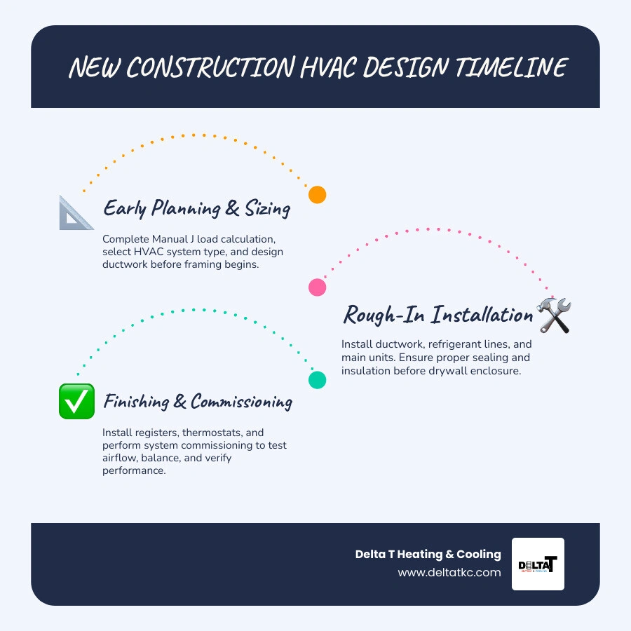 HVAC design timeline infographic from framing to final commissioning for new construction homes - new construction hvac