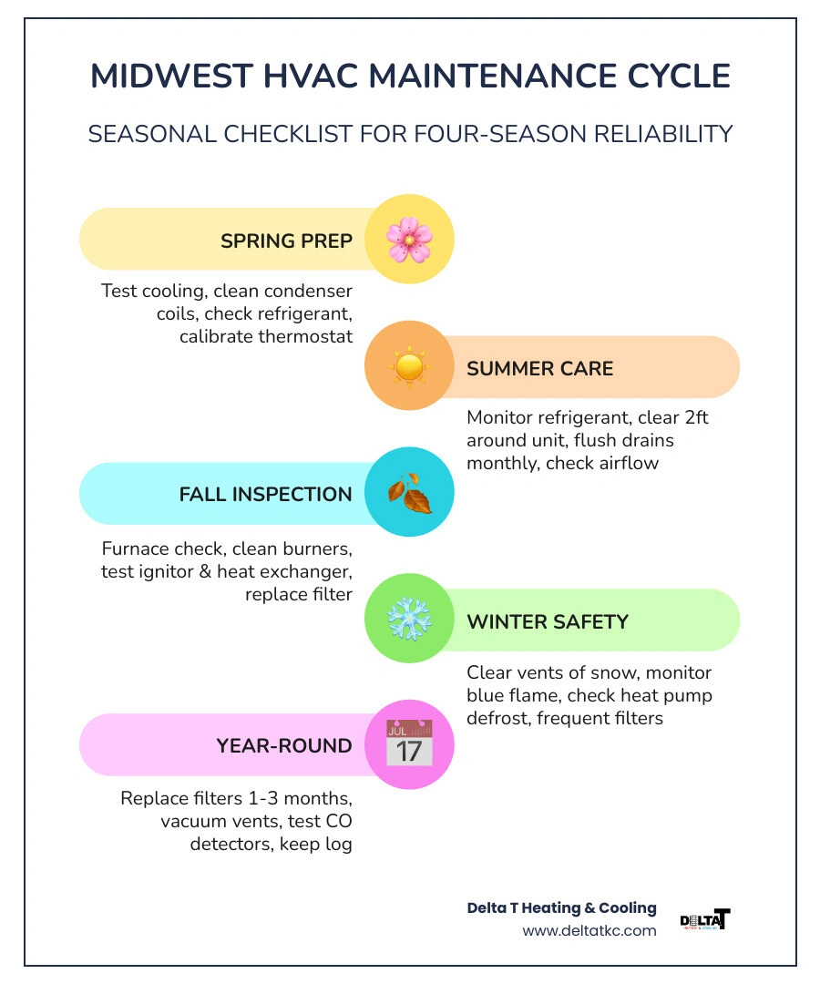 Annual HVAC maintenance cycle infographic for Midwest four seasons with seasonal tasks listed - hvac maintenance checklist Annual HVAC maintenance cycle infographic for Midwest four seasons with seasonal tasks listed - hvac maintenance checklist