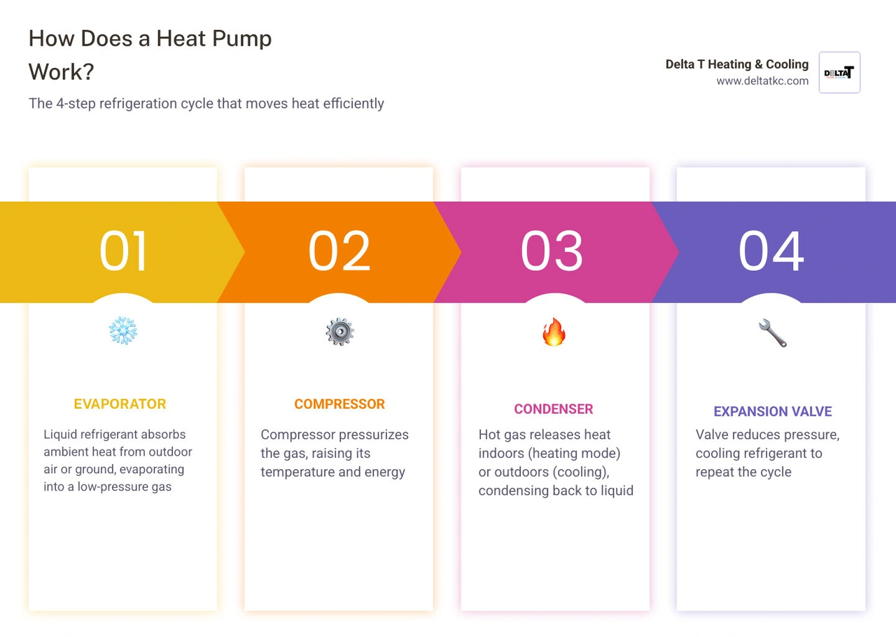 infographic showing the four-step heat pump refrigeration cycle with evaporator, compressor, condenser, and expansion valve