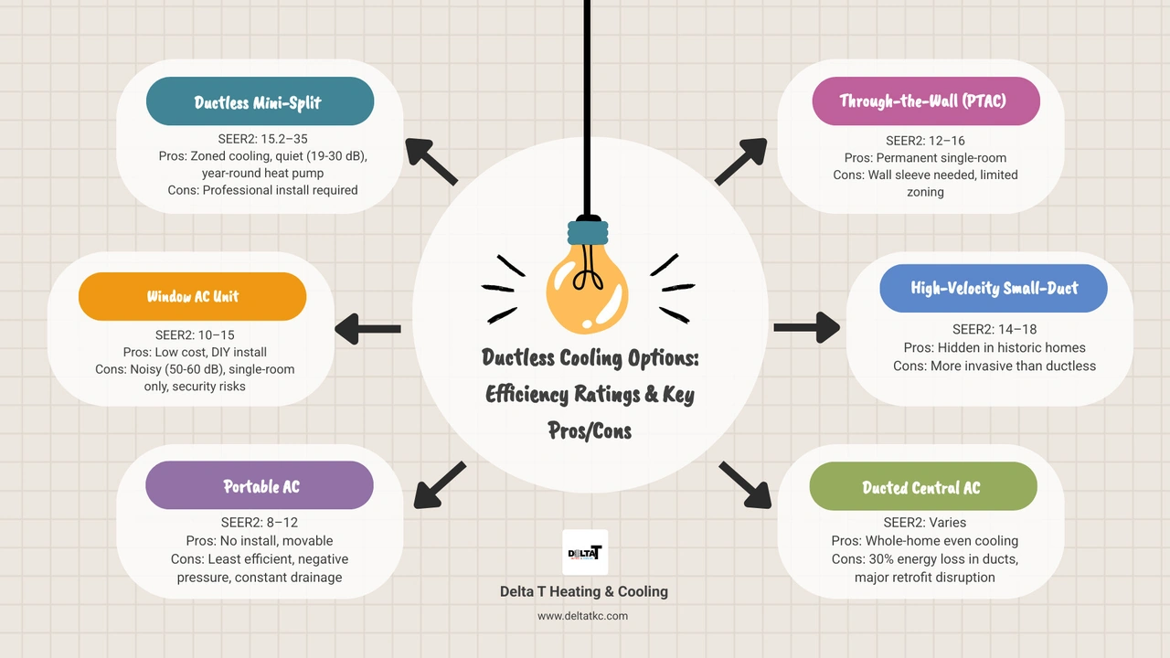 infographic showing 5 ductless cooling options with efficiency ratings and key pros and cons side by side - adding cooling