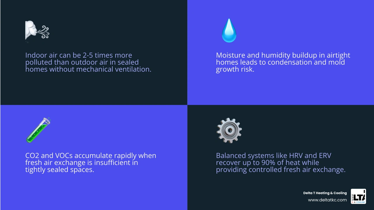Infographic showing how stale air, CO2, moisture, and pollutants accumulate in a sealed home and how mechanical ventilation