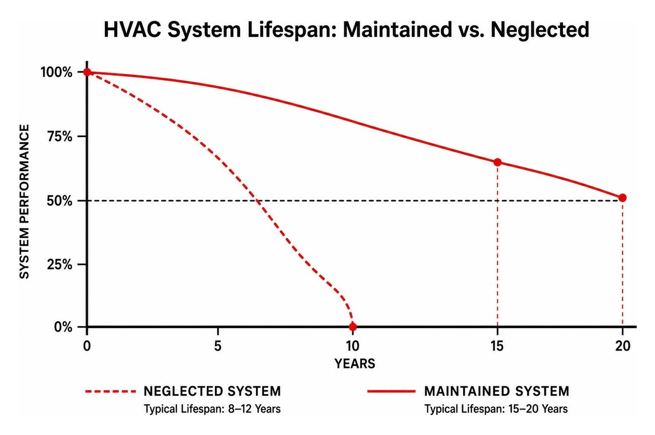 Graph illustrating the lifespan of maintained vs neglected HVAC systems over 20 years