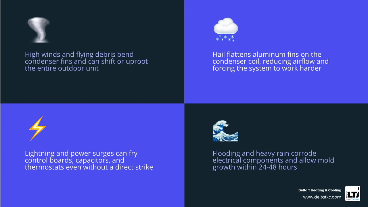 Infographic showing five ways severe storms and tornadoes damage HVAC systems including wind debris hail flooding lightning Infographic showing five ways severe storms and tornadoes damage HVAC systems including wind debris hail flooding lightning