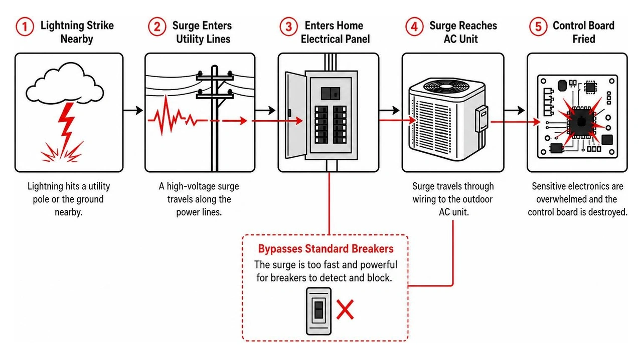 Diagram showing how a nearby lightning strike sends a power surge through utility lines, bypassing standard breakers to fry Diagram showing how a nearby lightning strike sends a power surge through utility lines, bypassing standard breakers to fry