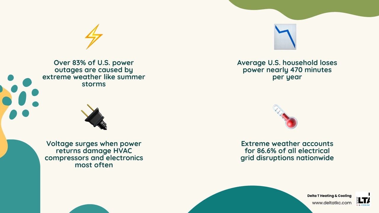 Infographic showing how power outages affect home systems including HVAC, electronics, appliances, and sump pumps with key Infographic showing how power outages affect home systems including HVAC, electronics, appliances, and sump pumps with key