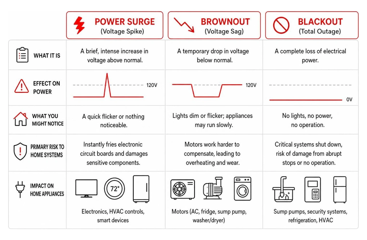 Diagram showing the difference between a power surge, a brownout, and a blackout on home appliances Diagram showing the difference between a power surge, a brownout, and a blackout on home appliances