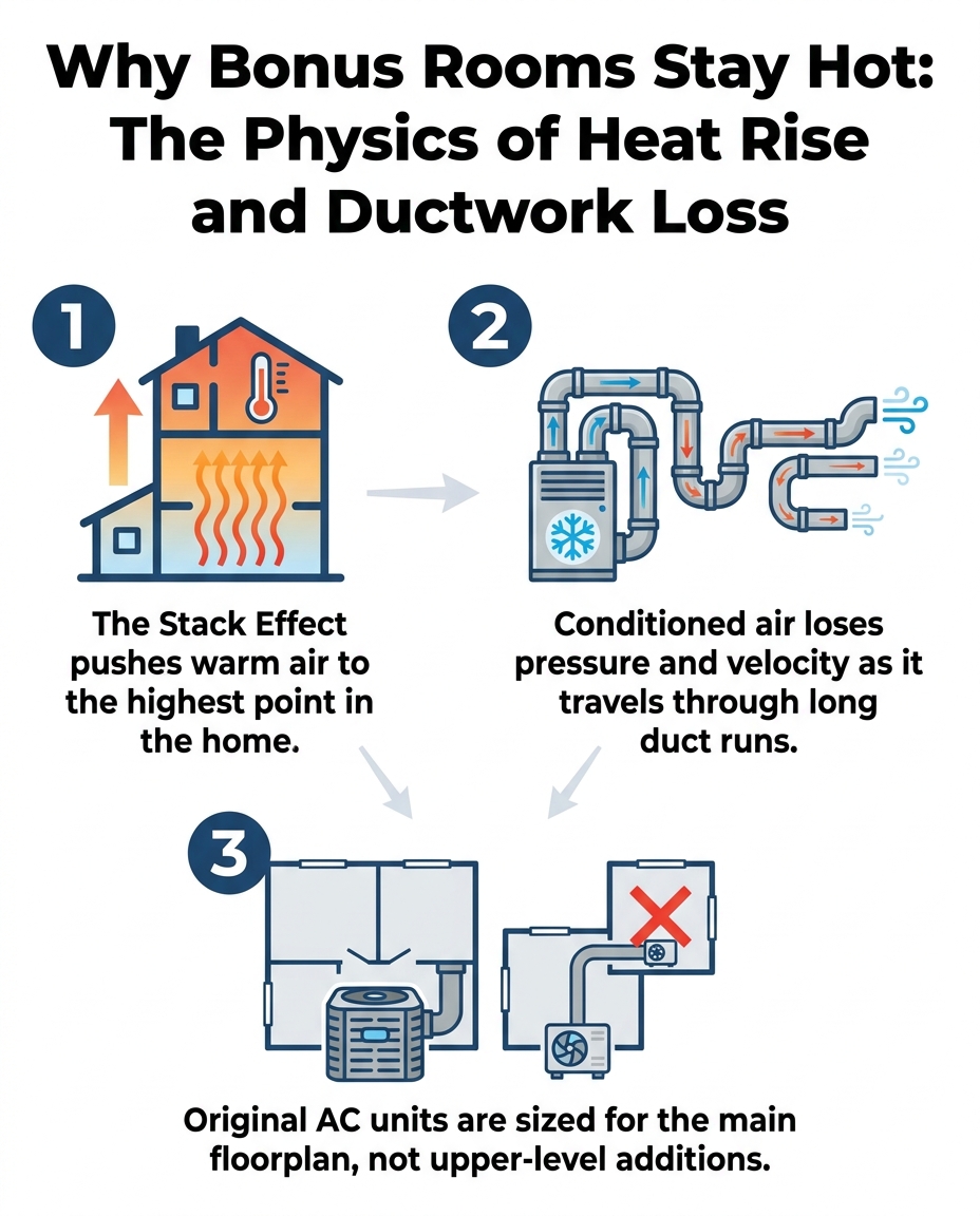Why Bonus Rooms Stay Hot: The Physics of Heat Rise and Ductwork Loss