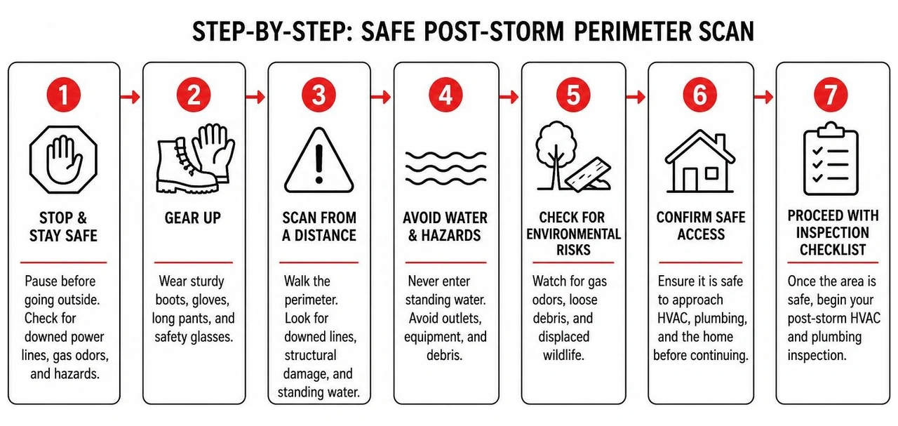 Step-by-step process for performing a safe post-storm perimeter scan Step-by-step process for performing a safe post-storm perimeter scan