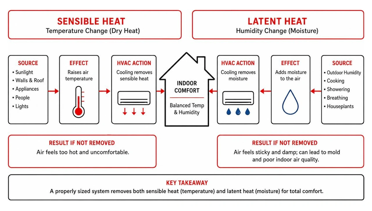 Diagram illustrating the difference between sensible heat temperature changes and latent heat humidity changes in a home Diagram illustrating the difference between sensible heat temperature changes and latent heat humidity changes in a home
